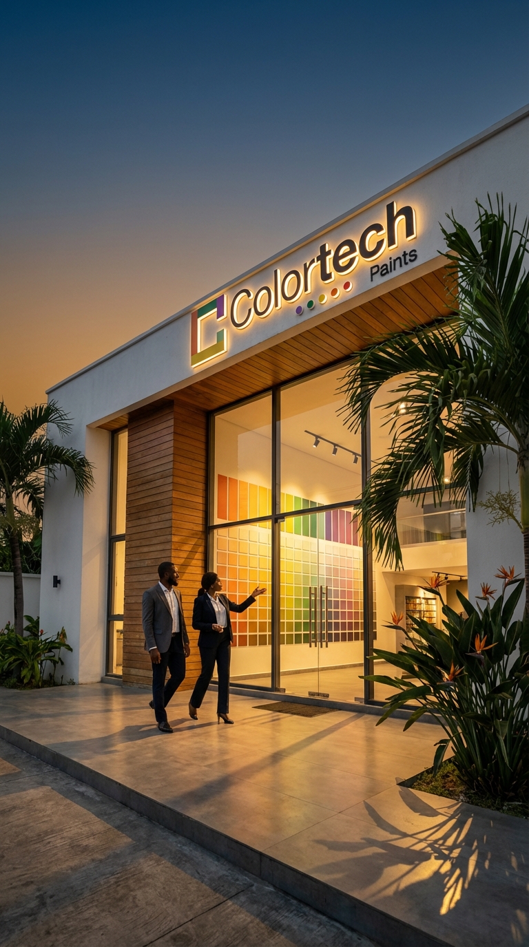 ColorTech showroom exterior at golden hour in Lagos, Nigeria